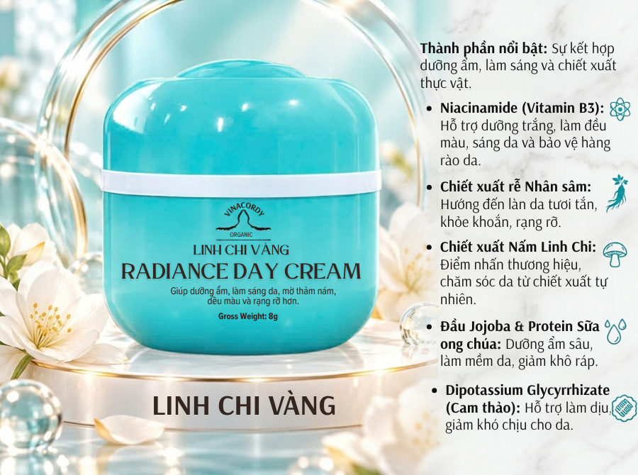 Kem face ngày Linh Chi Vàng - Dưỡng trắng da mặt với nhân sâm, linh chi và niacinamide