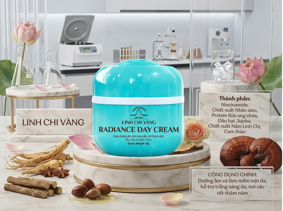 Kem face ngày Linh Chi Vàng - Dưỡng trắng da mặt với nhân sâm, linh chi và niacinamide