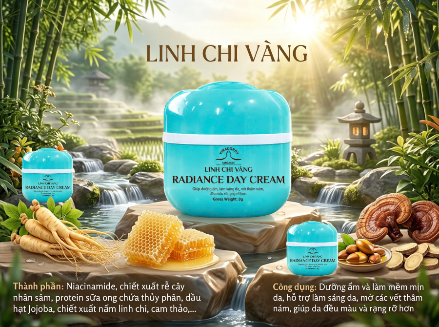 Kem face ngày Linh Chi Vàng - Dưỡng trắng da mặt với nhân sâm, linh chi và niacinamide
