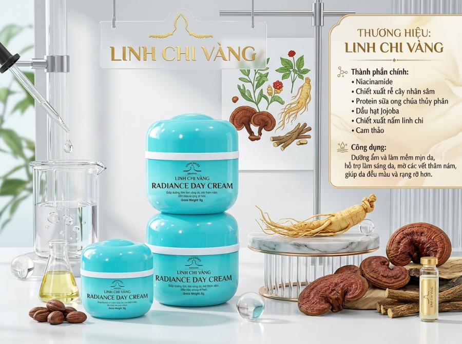 Kem face ngày Linh Chi Vàng - Dưỡng trắng da mặt với nhân sâm, linh chi và niacinamide